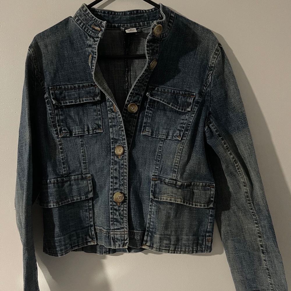 Ann Taylor Loft Blue Jean Classic Stretch Denim Jacket Distressed Pockets Sz 10